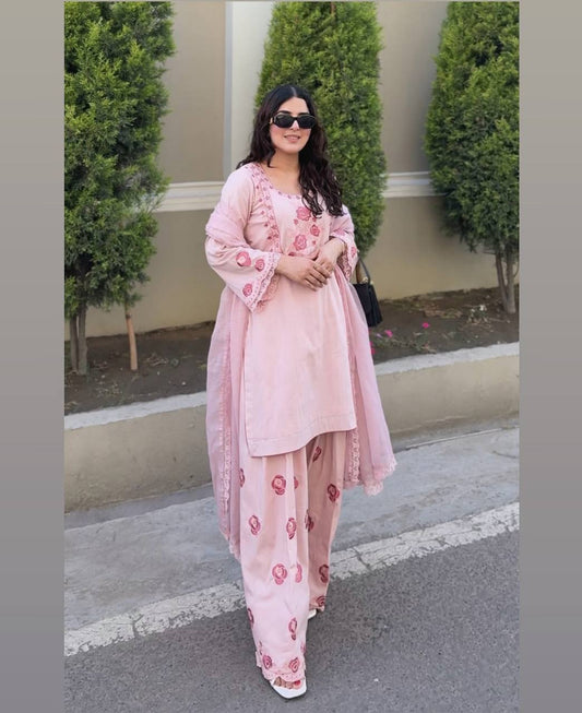 Soft Pink Elegance Floral Embroidery Top & Farsi Palazzo With Dupatta set