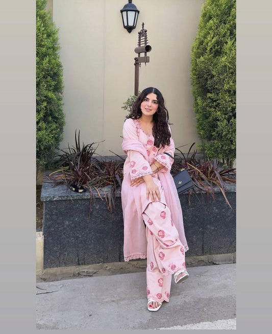 Soft Pink Elegance Floral Embroidery Top & Farsi Palazzo With Dupatta set