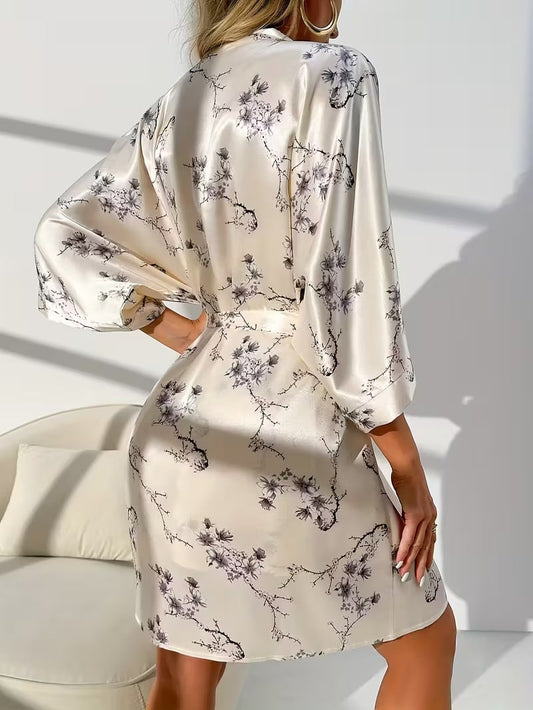 Floral Print Robe Set for Women, Off the Shoulder Nightgown with Spaghetti