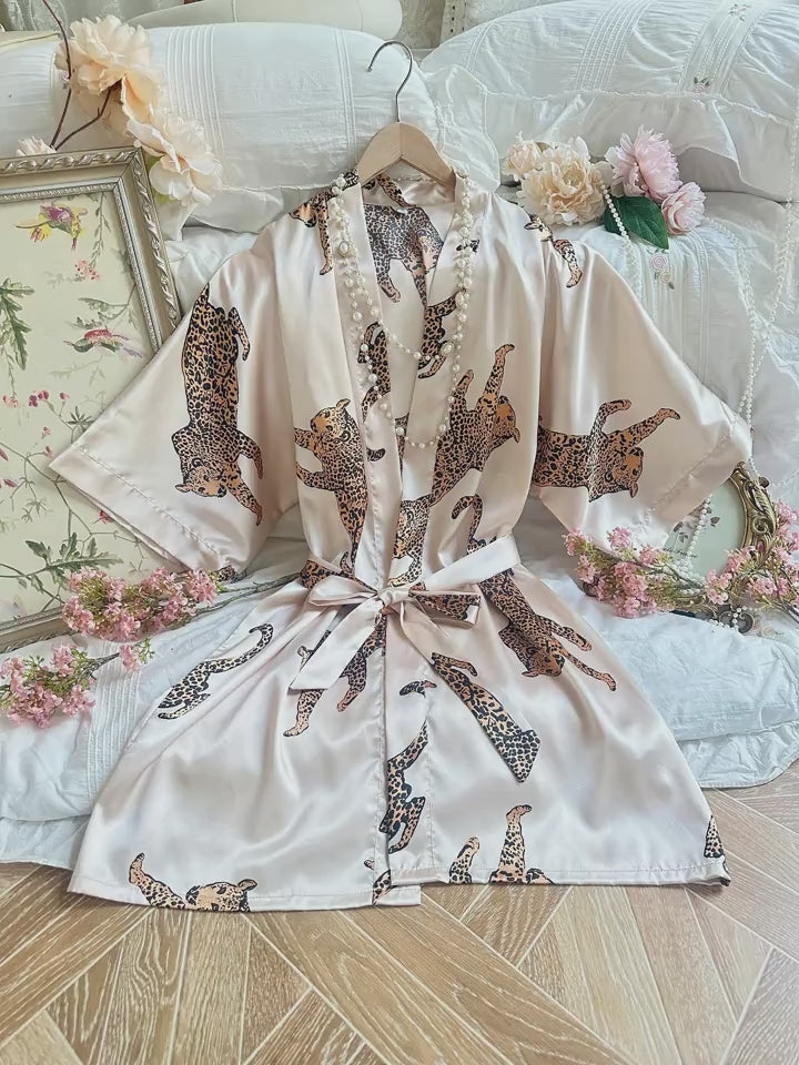 Sexy Satin Leopard Print Robe pair for Women with Belt