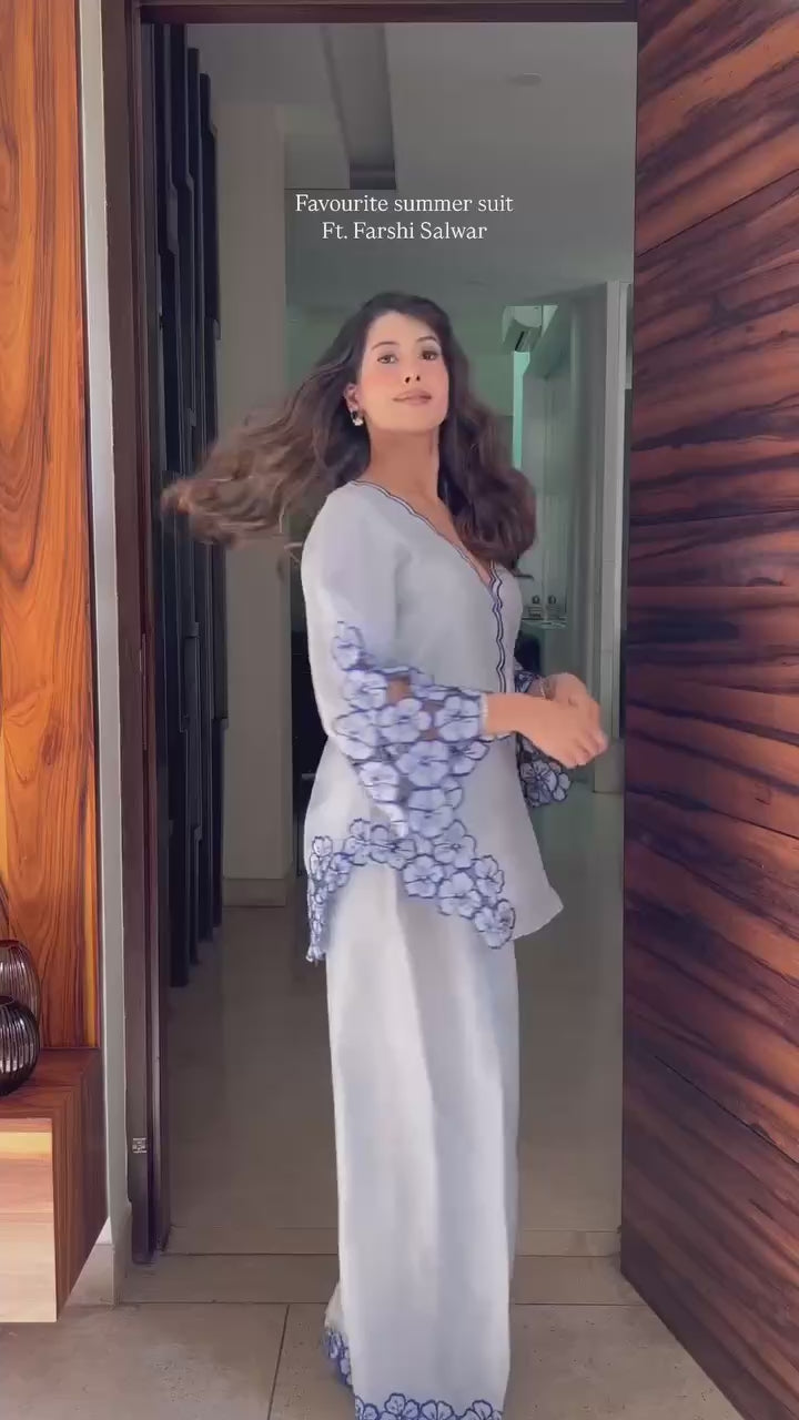 Timeless Powder Blue: Farshi Salwar Set with Delicate Floral Accents