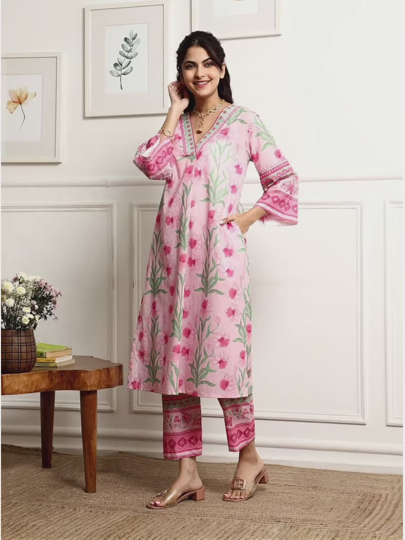 Women Floral Printed V-Neck Kurta with Trousers & Dupatta