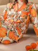 Orange Print Pajama Set, Long Sleeve Lapel Top & Elastic Waistband Pants