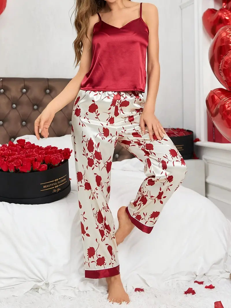 Women's Floral Print Satin Elegant Pajama Set, V Neck Backless Cami Top & Pants sleep dress