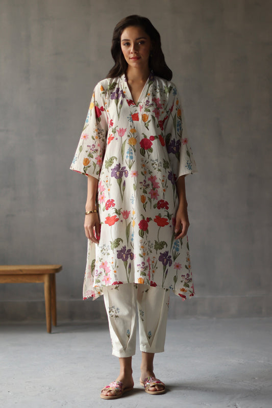 Ivory Linen Hand Drawn Floral V Primrose Pattern Kurta And Box Pleated Pant Set