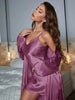 Long Belted Robe & Backless Cami V neck sleep dress set (Purple)