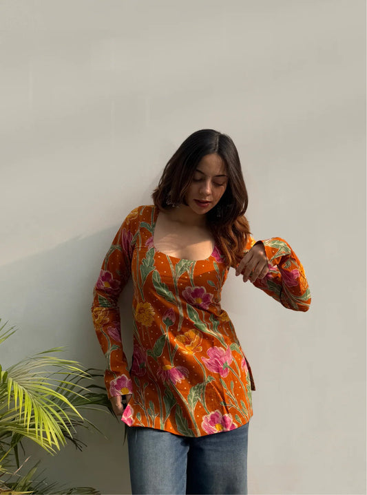 women Orange blush flower short kurti