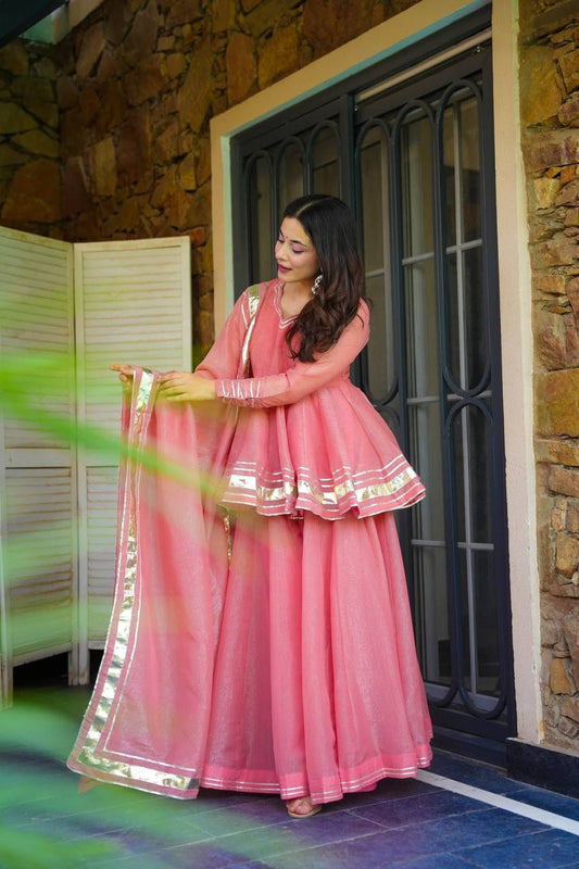 Women Gotta Patti Detail Long Sleeve A-Line Kurti Set With Dupatta