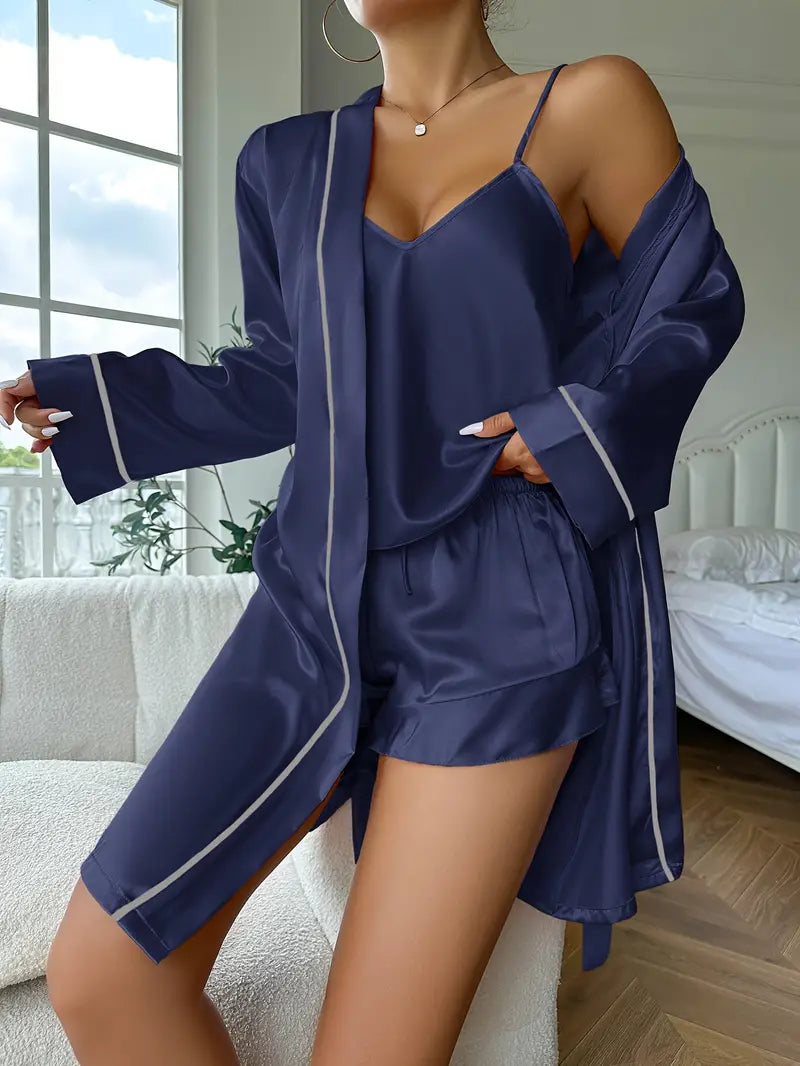 Long Sleeve Belted Robe & pajama - Top & Shorts Sleep set 3pcs (Rose)