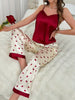 Women's Heart Print Satin Elegant Pajama Set, V Neck Backless Cami Top & Pants sleep dress