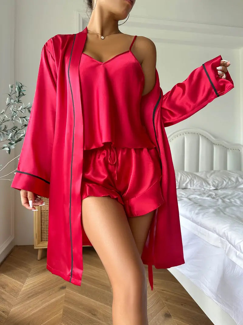 Long Sleeve Belted Robe & pajama - Top & Shorts Sleep set 3pcs (Rose)