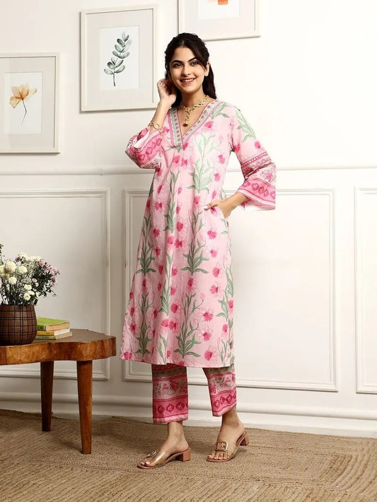 Women Floral Printed V-Neck Kurta with Trousers & Dupatta