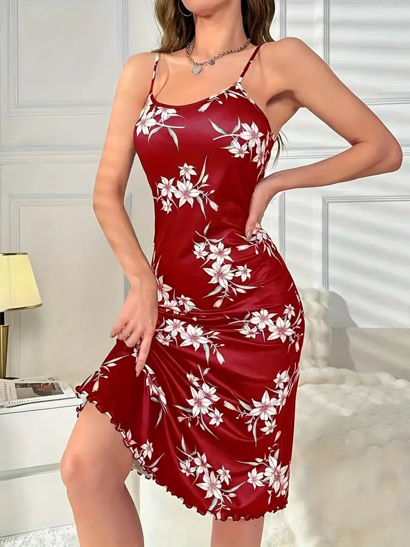 Maroon Floral Print Midi Slip Dress For woman