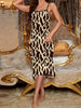 Women's Leopard Print Elegant Sleepwear Dress, Round Neck Backless Midi Slip Dress