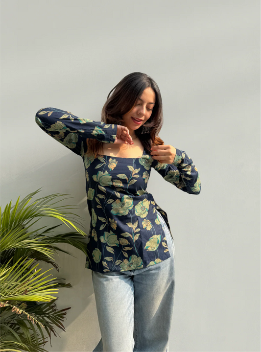 Women's Navy Blue Blossom Print Kurti