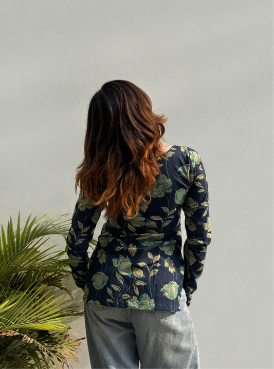 Women's Navy Blue Blossom Print Kurti