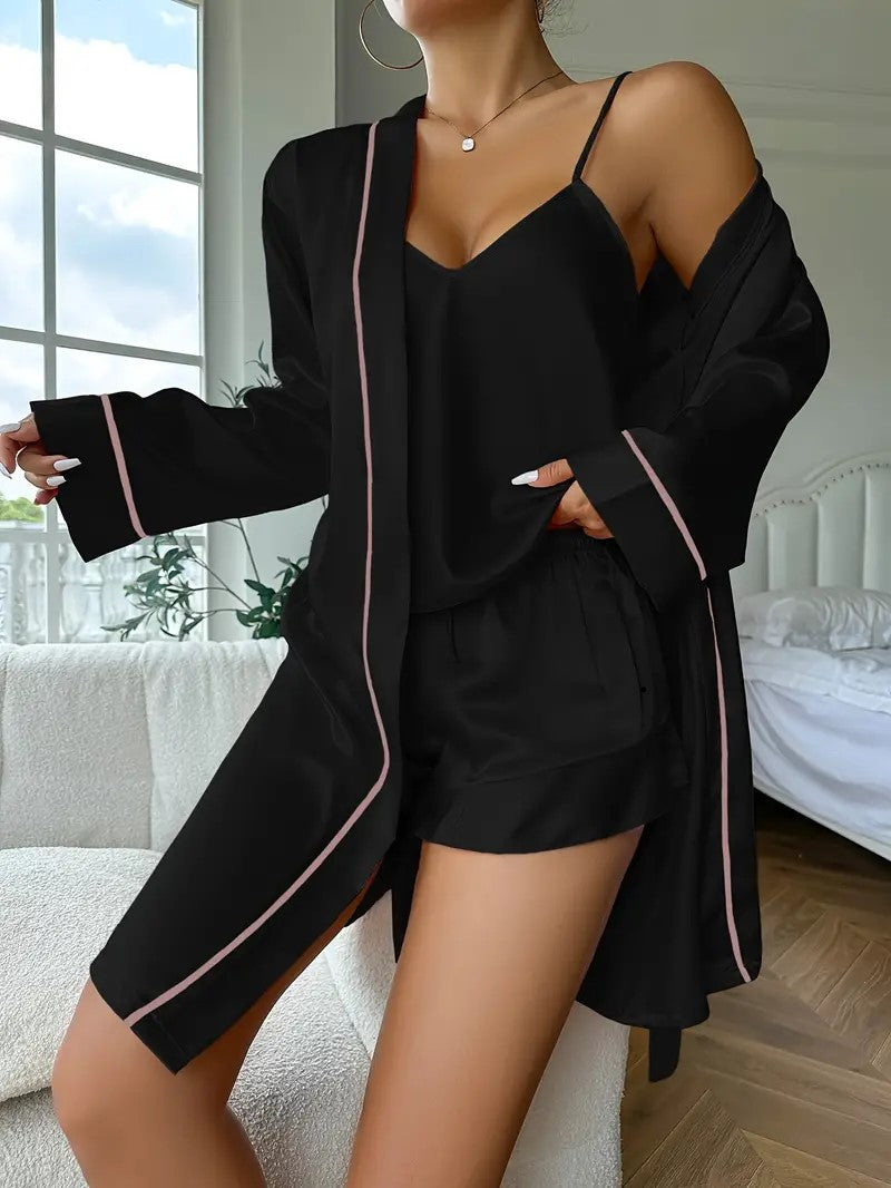 Long Sleeve Belted Robe & pajama - Top & Shorts Sleep set 3pcs (Rose)