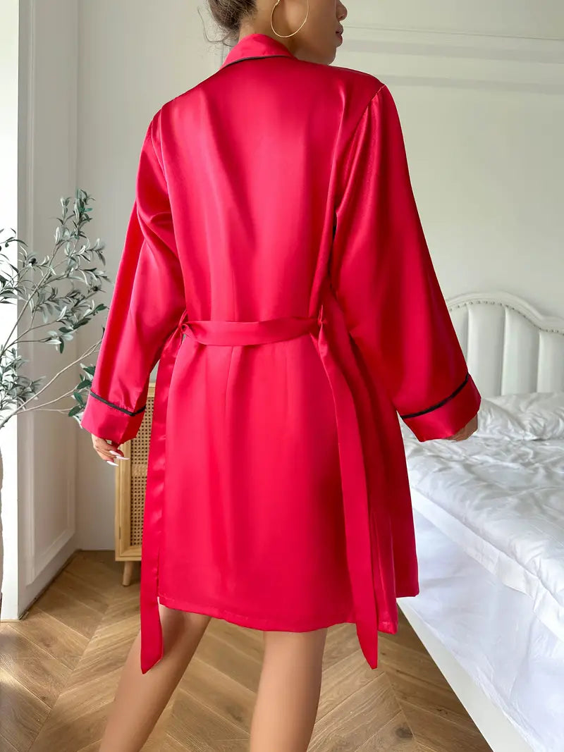 Long Sleeve Belted Robe & pajama - Top & Shorts Sleep set 3pcs (Rose)