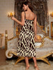 Women's Leopard Print Elegant Sleepwear Dress, Round Neck Backless Midi Slip Dress