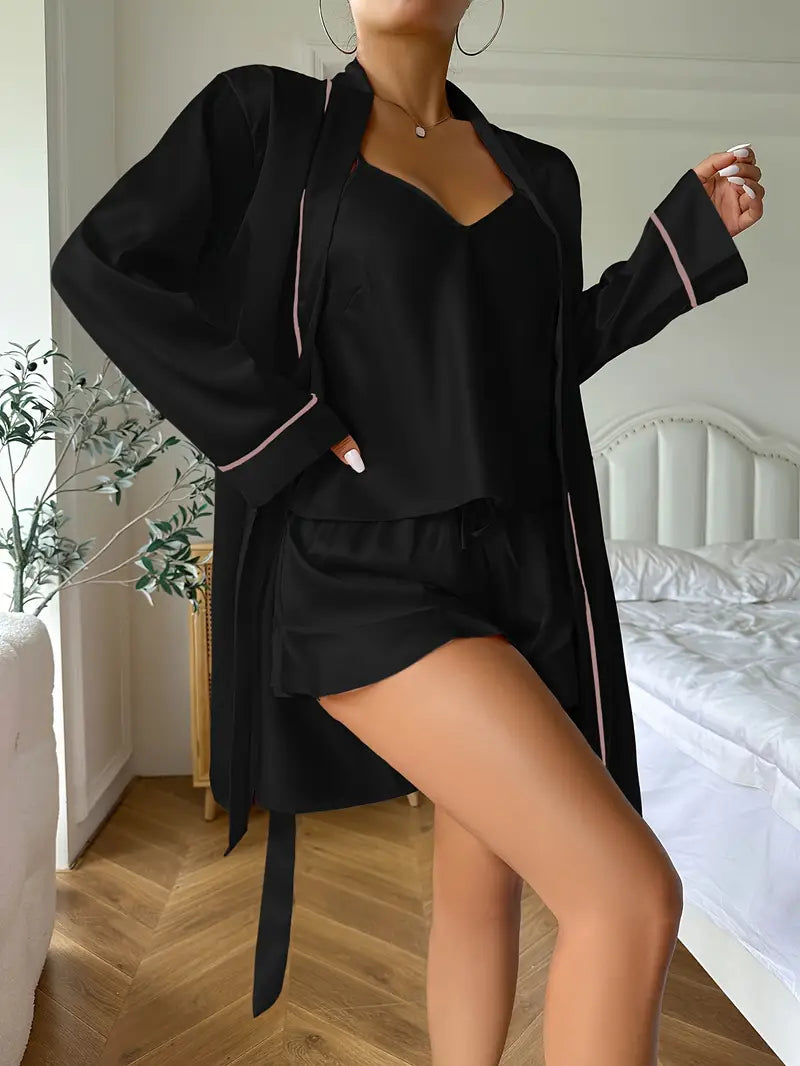 Long Sleeve Belted Robe & pajama - Top & Shorts Sleep set 3pcs (Rose)