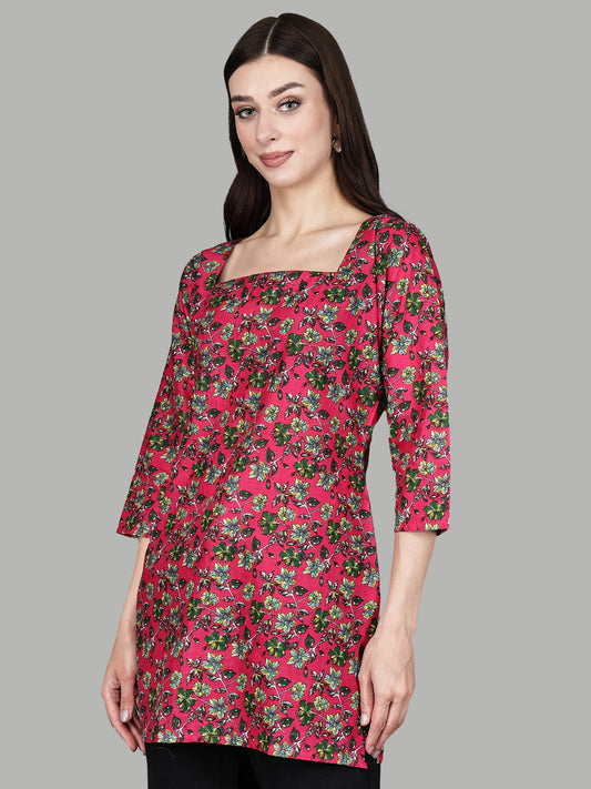Pure Cotton Floral Short Kurti | Square Neck Three-Quarter Sleeve