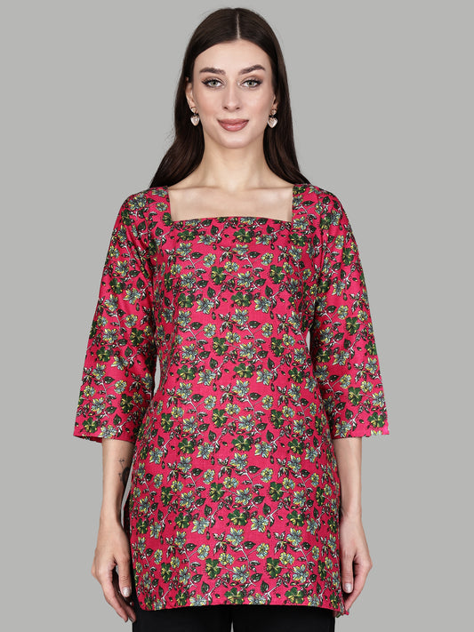 Pure Cotton Floral Short Kurti | Square Neck Three-Quarter Sleeve