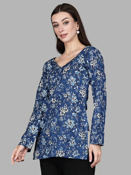 Blue Floral V-Neck Tunic for Women