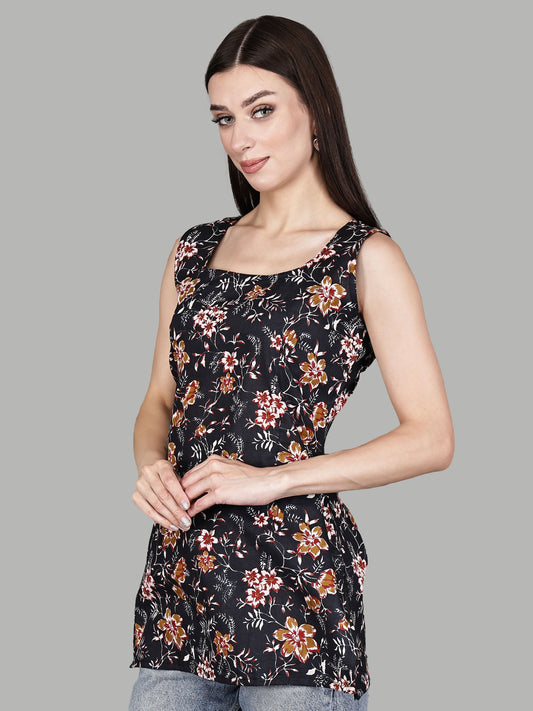Blue Floral Sleeveless Tunic for Women