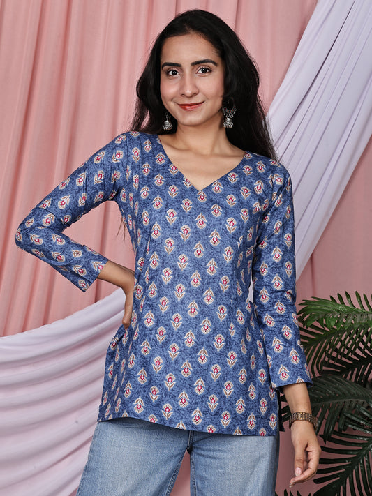 Indigo Blue &amp; Maroon Floral Printed Pure Cotton Tunic
