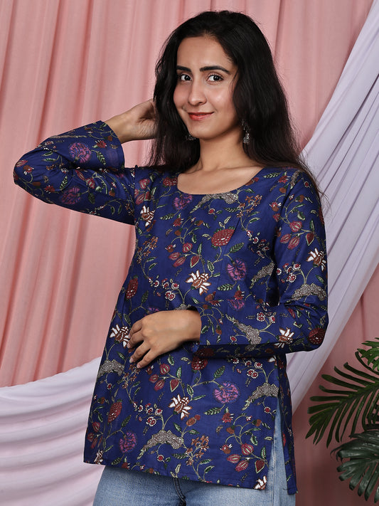 Royal Blue Floral Printed Pure Cotton Tunic