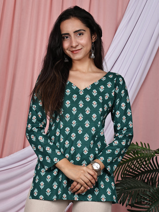 Bottle Green Floral Printed Pure Cotton V-Neck Tunic