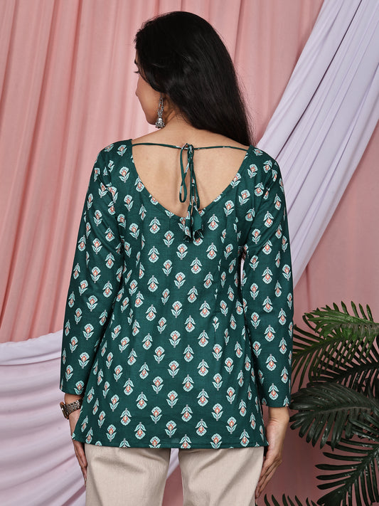 Bottle Green Floral Printed Pure Cotton V-Neck Tunic