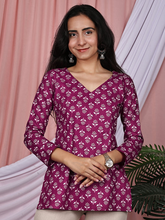 Purple Floral Buti Printed Pure Cotton V-Neck Tunic
