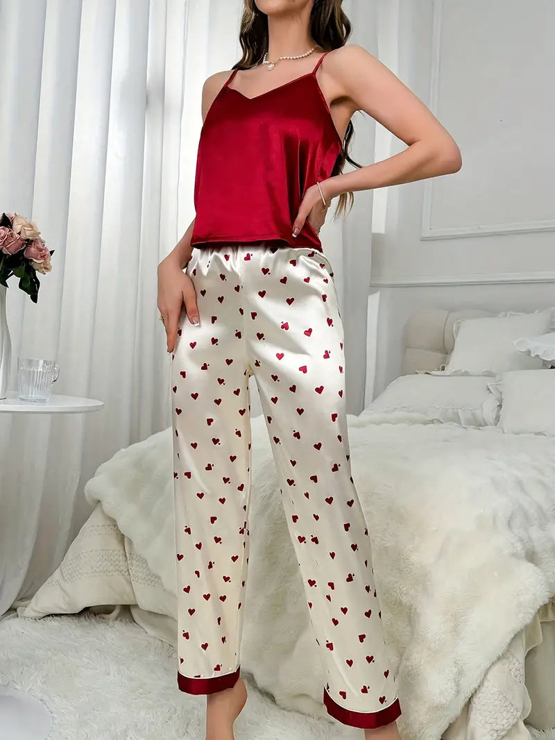 Women's Heart Print Satin Elegant Pajama Set, V Neck Backless Cami Top & Pants sleep dress