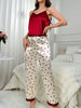 Women's Heart Print Satin Elegant Pajama Set, V Neck Backless Cami Top & Pants sleep dress