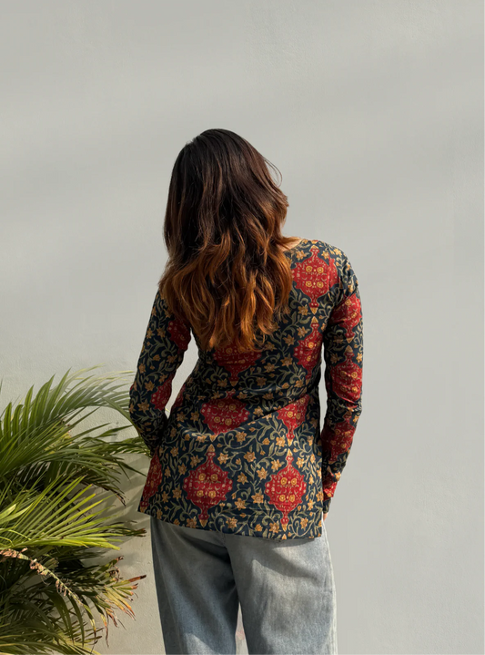 Women Blue Esthetic Flower Print  Kurti