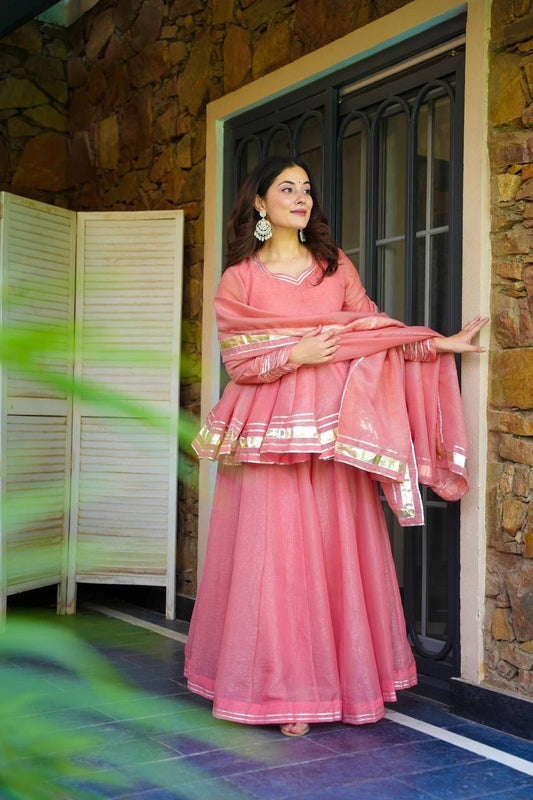 Women Gotta Patti Detail Long Sleeve A-Line Kurti Set With Dupatta