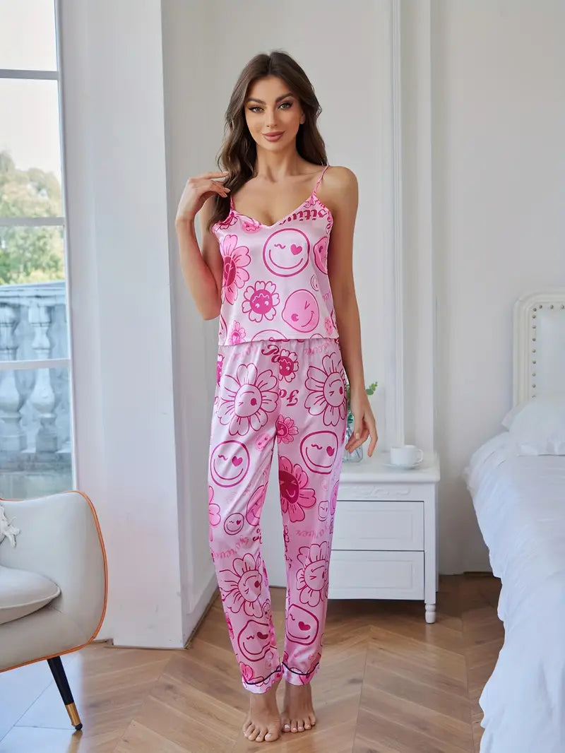 Smiling Face Print Satin Pajama Set, Sexy V Neck Backless Cami Top & Elastic Pants