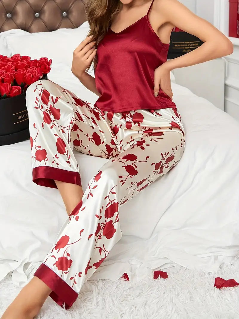 Women's Floral Print Satin Elegant Pajama Set, V Neck Backless Cami Top & Pants sleep dress