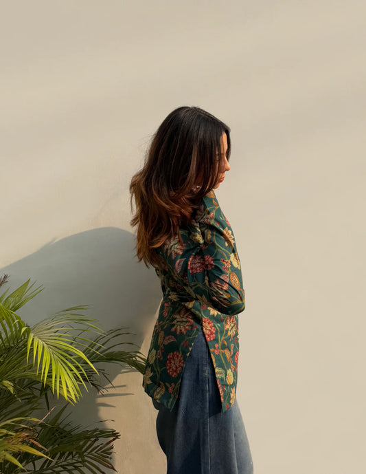 Women Green Flower Short Kurti