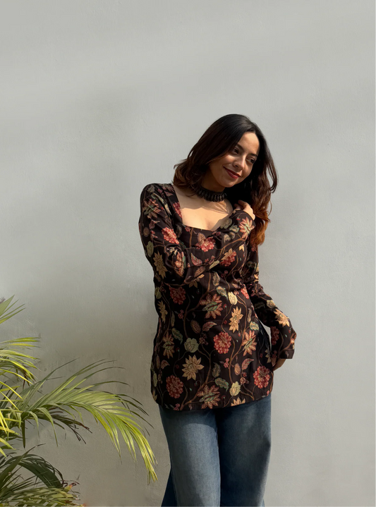 Women Black Floral Short kurti