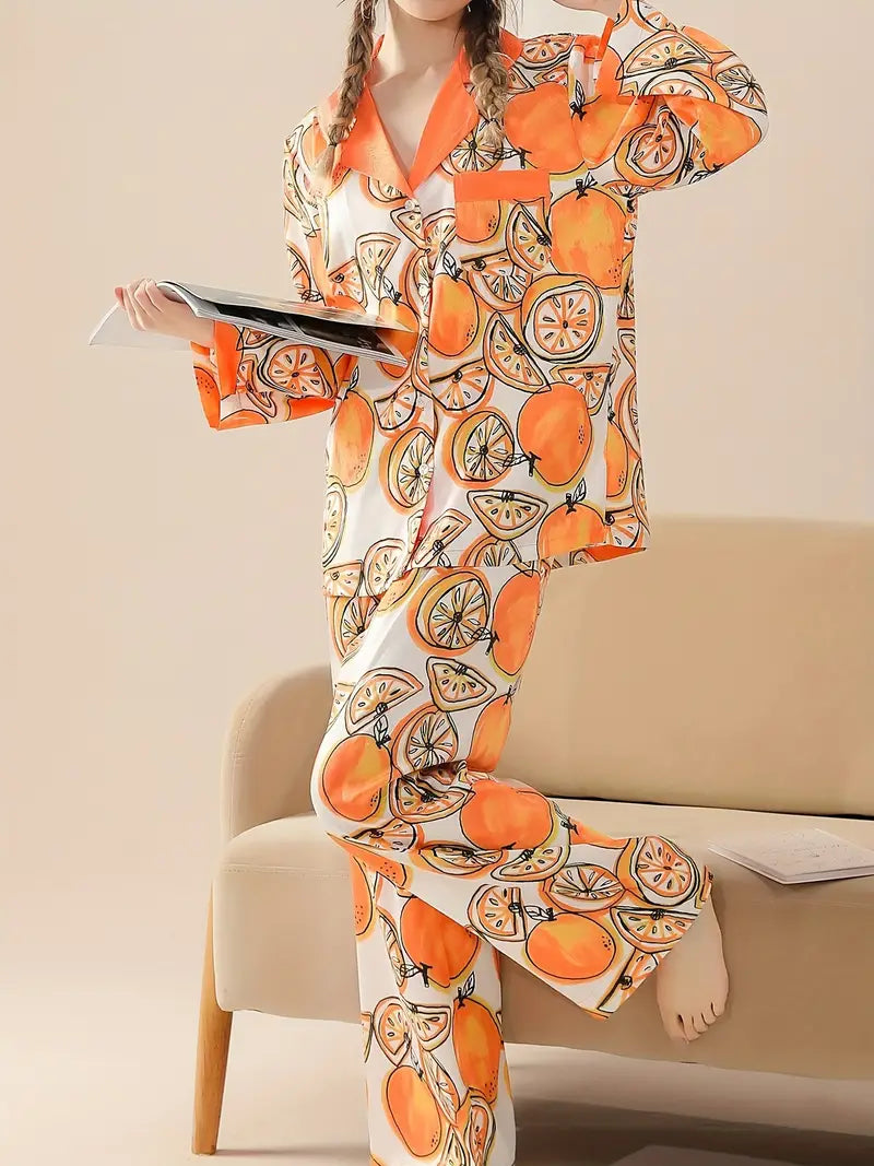 Orange Print Pajama Set, Long Sleeve Lapel Top & Elastic Waistband Pants