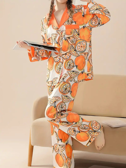 Orange Print Pajama Set, Long Sleeve Lapel Top & Pants