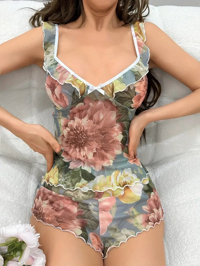 Women's Mature Floral Print Mesh Ruffle Trim Pajama Set, sleep dress