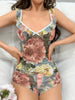 Women's Mature Floral Print Mesh Ruffle Trim Pajama Set, sleep dress