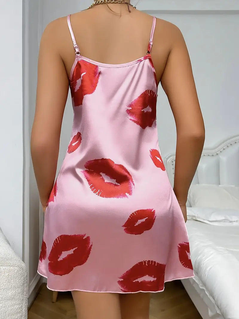 Lip Print Satin Cami Top & Shorts Pajama Set