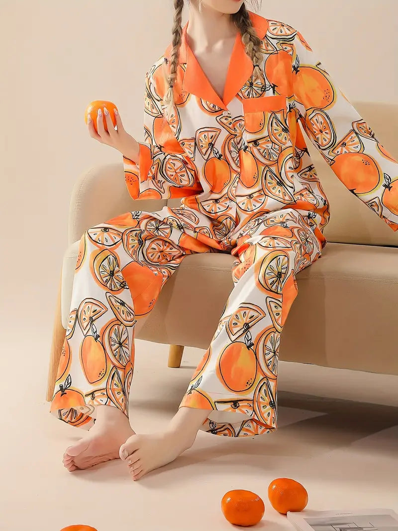 Orange Print Pajama Set, Long Sleeve Lapel Top & Elastic Waistband Pants