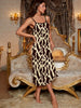 Women's Leopard Print Elegant Sleepwear Dress, Round Neck Backless Midi Slip Dress