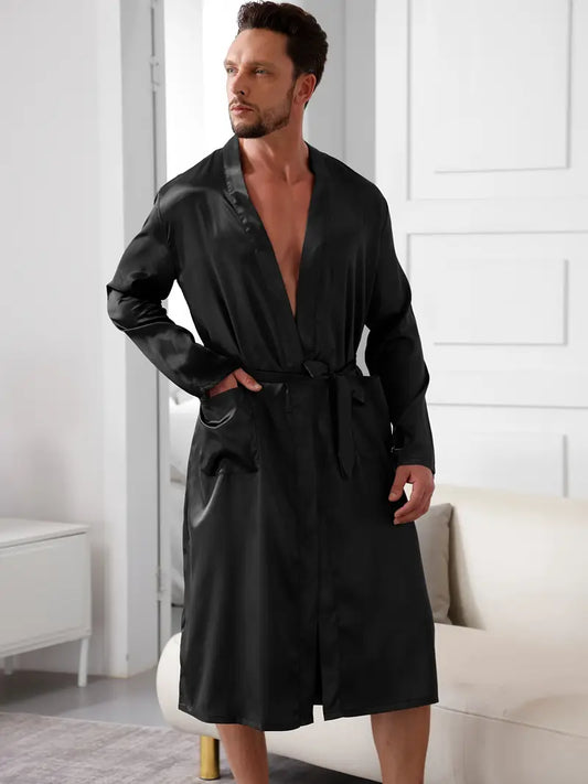 Men'S Casual Sleepwear Set, Satin Belted Robe with Shorts Lounge Set