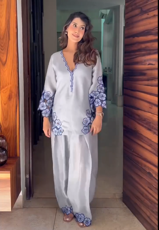 Timeless Powder Blue: Farshi Salwar Set with Delicate Floral Accents